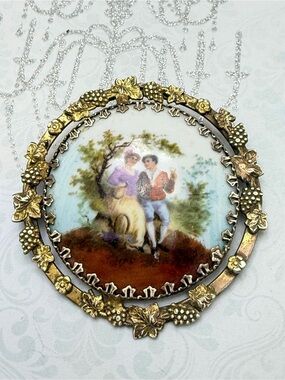 Vintage Limoges Portrait Brooch with Gilded Frame #p06